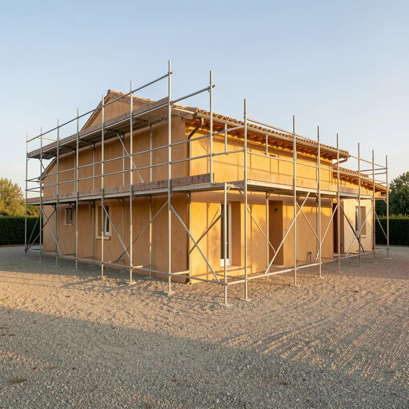 Échafaudage de pied monté le long d&rsquo;une maison provençale pour un entretien de toiture