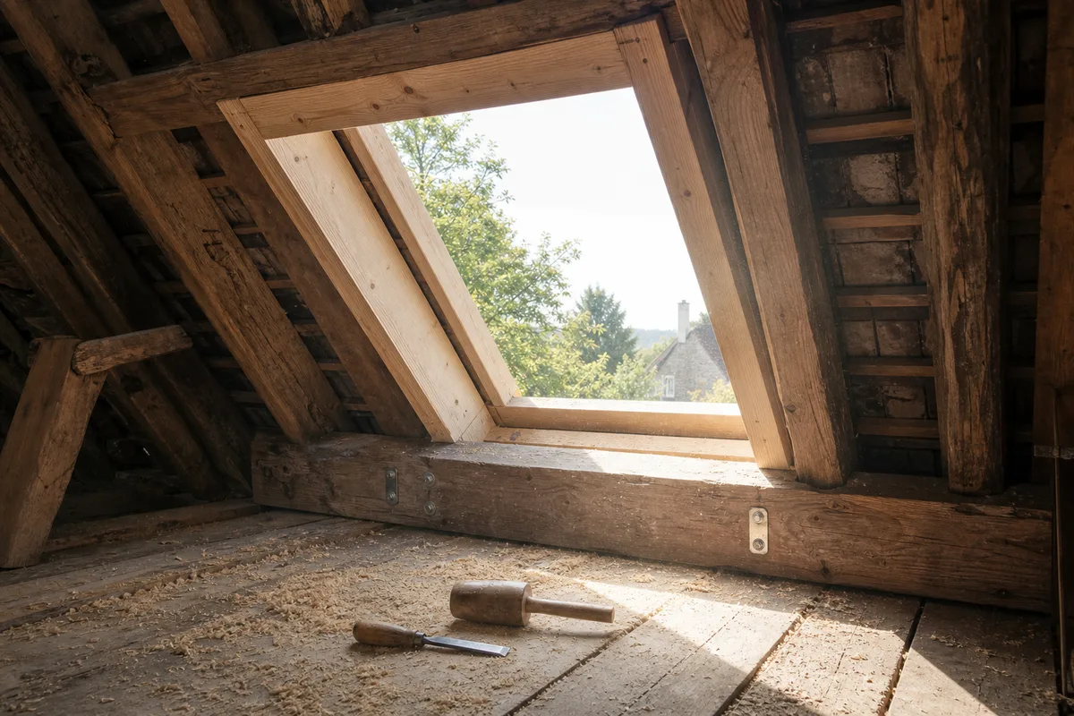 Charpente traditionnelle provençale ouverte pour la pose d&rsquo;une fenêtre de toit