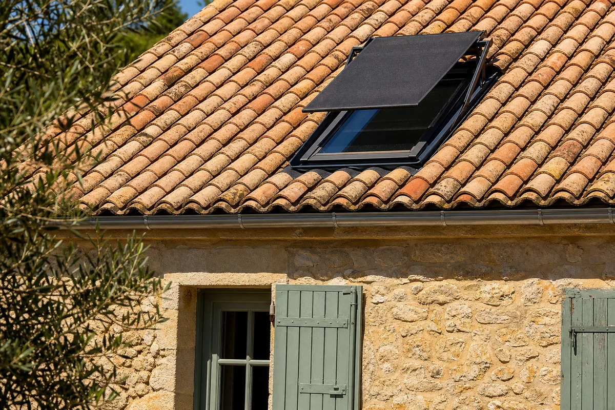 Store extérieur pare-soleil déployé sur une fenêtre de toit provençale