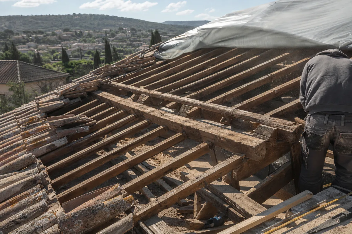 Charpente traditionnelle à pannes inspectée lors d&rsquo;une réfection de toiture
