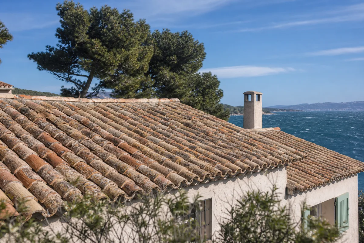 Toiture d&rsquo;une villa provençale exposée aux embruns sur la côte varoise