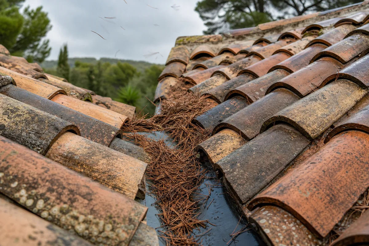 Noue de toiture obstruée par des aiguilles de pin après un orage