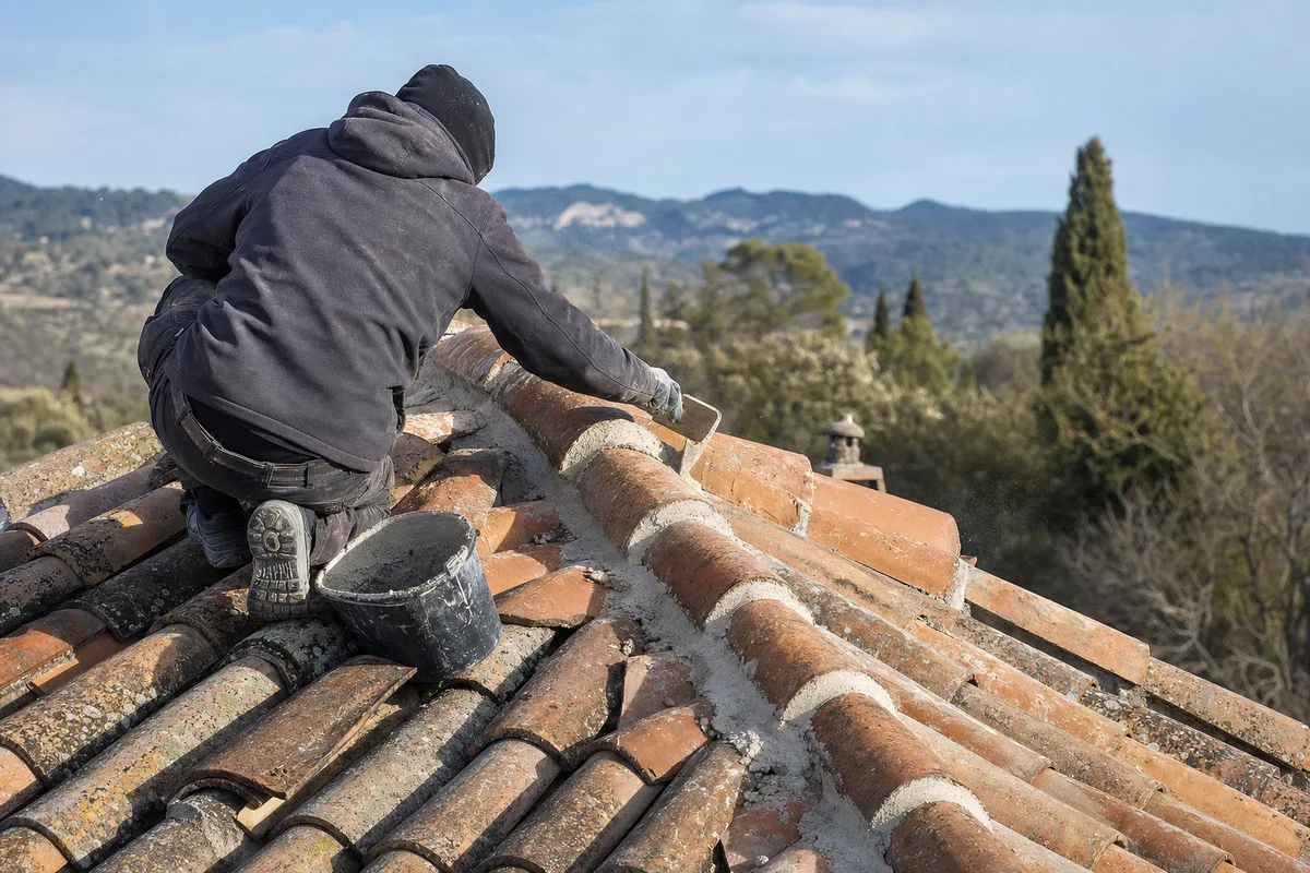 Couvreur reprenant au mortier le faîtage scellé d&rsquo;un toit ancien de Provence