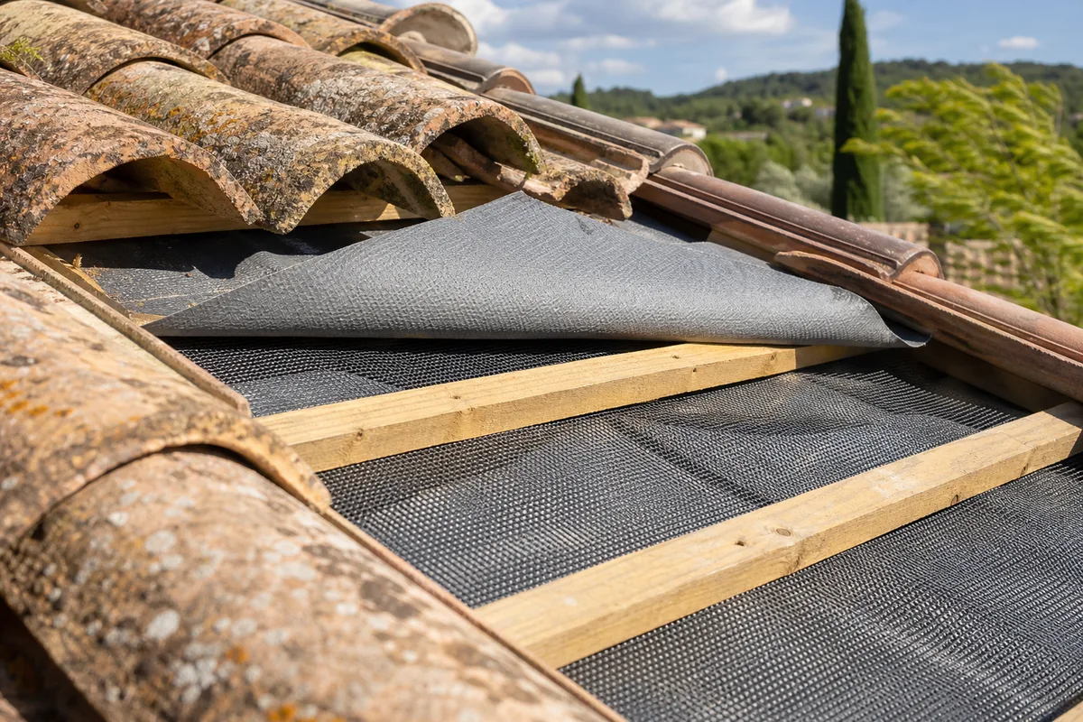 Lame d&rsquo;air ventilée entre écran de sous-toiture et liteaux sur une toiture en rénovation