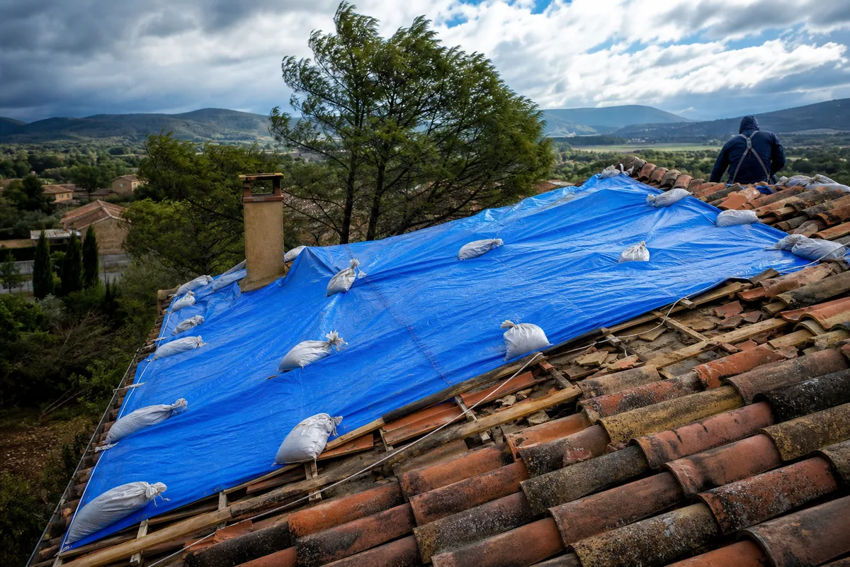 Bâche technique tendue en urgence sur un versant de toiture varoise après une tempête